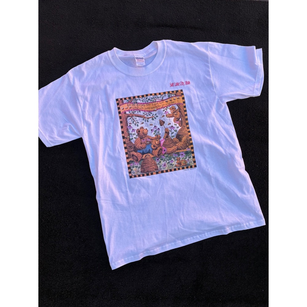 Vintage Gildan Salt Lake City Utah Teddy Bear Honey Bee Graphic T-Shirt Large